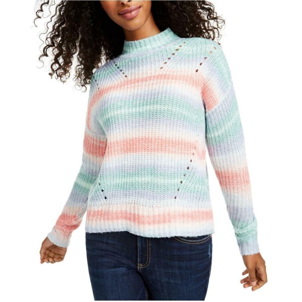 Hooked Up By IOT Juniors Striped Mock-Neck Sweater Blue Size Medium